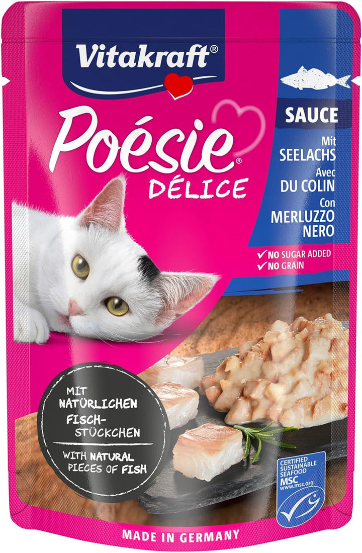 Vitakraft Poésie Délice, hrană umedă pentru pisici, hrană umedă pentru pisici în sos, cu pollock, preambalată, fără adaos de zahăr și cereale (23X 85G)