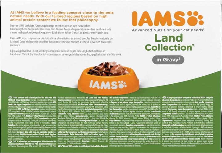 IAMS Delights Land Collection Hrană umedă pentru pisici - Multipack cu sortimente de carne (miel, vită, pui și curcan) în sos, hrană umedă pentru pisici de peste 1 an, 12 X 85G