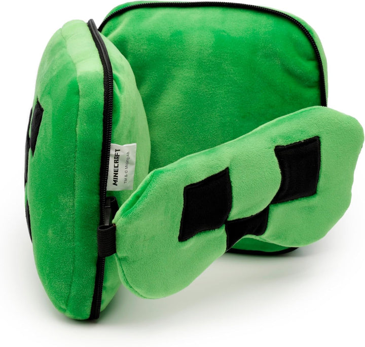 Puckator Relaxeazzz Minecraft Creeper pernă de călătorie din pluș și mască pentru ochi tetieră, pernă de dormit, pernă pentru gât, pernă de călătorie, mască de dormit, copii și adulți pentru mașină de călătorie, accesoriu pentru tren, avion Perne calatorie Naty Shop