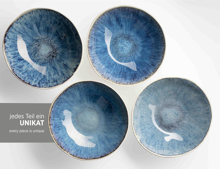 MÄSER 934092 Serie Frozen, Geschirr Set Aus Keramik Für 4 Personen, 16-Teiliges Kombiservice Mit Organischen Formen, Blau Gesprenkeltes Service, Steinzeug, Dunkelblau Seturi vesela masa Naty Shop