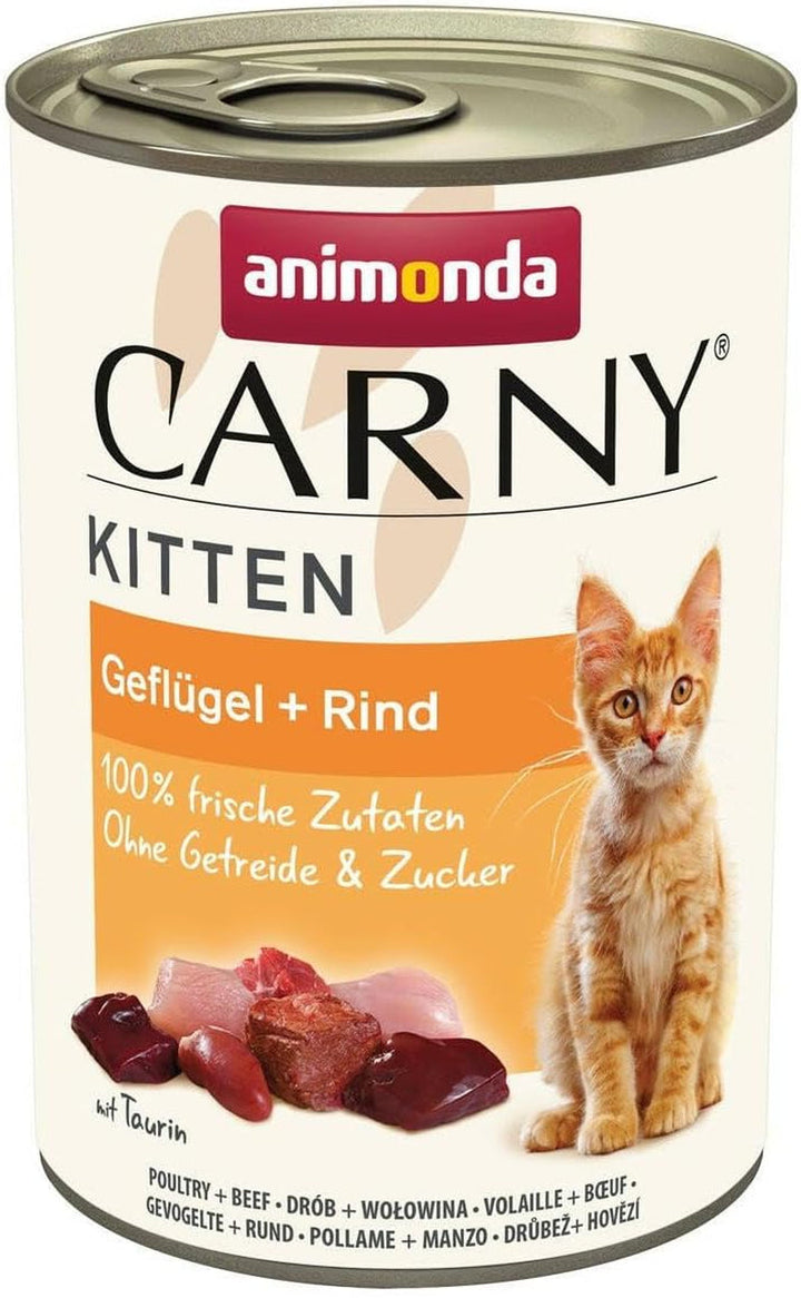 Animonda Carny Kitten Beef, Veal + Chicken (12 X 85 G), hrană umedă pentru pisoi în creștere, hrană pentru pisici fără cereale și zahăr, hrană umedă pentru pisici cu 100% ingrediente proaspete