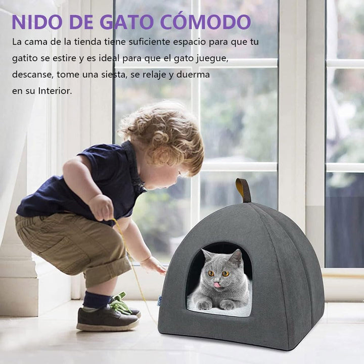 Pat pentru pisici, Peșteră moale pentru pisici, Paturi moi și calde din pluș, Cuib pentru pisici cu pernă interioară detașabilă (Gri L)