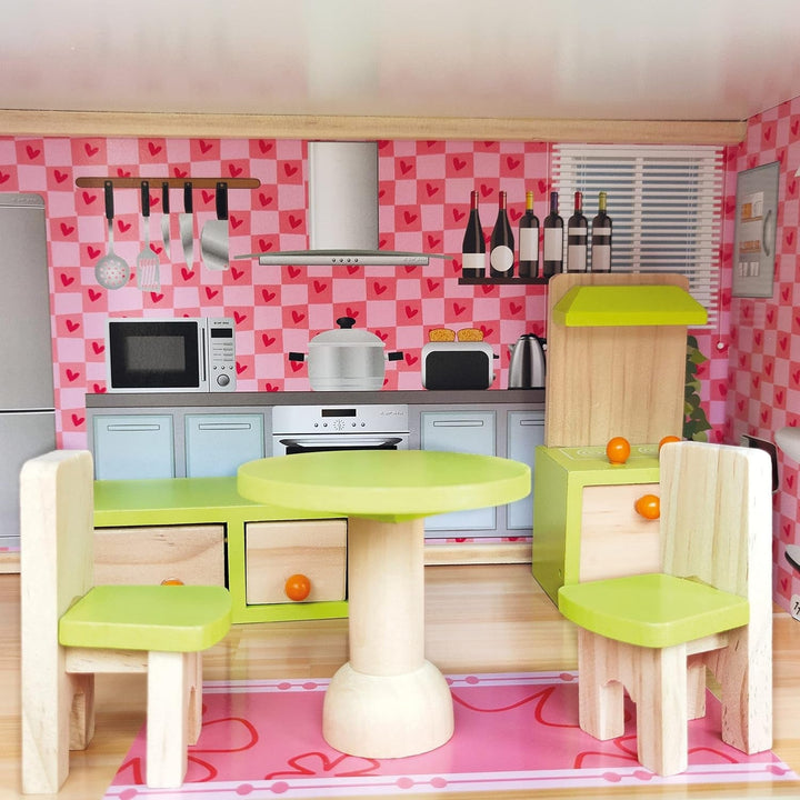 Bino World of Toys Casă de păpuși cu balcon, Jucărie pentru copii mici de la 3 ani, cu 3 etaje, scări, 4 camere și balcon incl. 15-TLG. Accesorii, Pentru a promova abilitățile copiilor, Design roz Casute de papusi Naty Shop