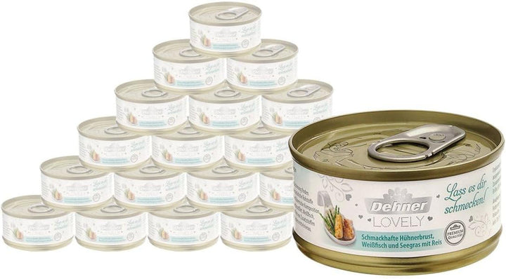 Dehner Premium Lovely Cat Food, hrană umedă fără gluten, pentru pisici adulte, ton / orez, 24 X 70 G Tin (1.68 Kg)
