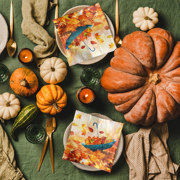 PAW - Șervețele 3 straturi (33 X 33 Cm) I 20 bucăți I Perfect pentru zile de naștere, petreceri, întâlniri I Decorațiuni de toamnă pentru masă I Șervețele de hârtie colorate - frunze de toamnă de umbrelă I Frunze de umbrelă