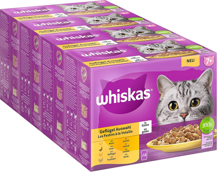 Whiskas Senior 7+ Hrană umedă pentru pisici Mixed Selection in Sauce, 48 de pliculețe, 12X85G (pachet de 4) - Hrană umedă de înaltă calitate, pentru pisici de 7 ani și mai în vârstă