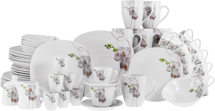 Creatable, 22536, Serie Square Orchidee, 62-Teiliges Geschirrset Für 6 Personen, Kombiservice Aus Porzellan, Spülmaschinen- Und Mikrowellengeeignet, Qualitätsproduktion Seturi vesela masa Naty Shop Kombiservice 62 Tlg.