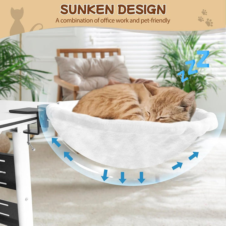 Pat de birou pentru pisici, pat de birou extra mare și care economisește spațiu cu o capacitate de încărcare de 23 kg, hamac moale din blană artificială pentru birou și jucători, detașabil și lavabil (alb)