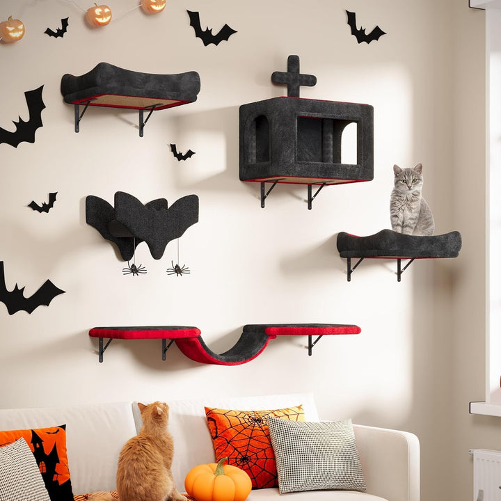 YITAHOME Set de perete de cățărat gotic pentru pisici, fabricat din flanel, mobilier robust pentru pisici din 5 piese cu căsuță pentru pisici, pat pentru pisici, hamac pentru pisici, coloană din sisal cu păianjen pentru dormit, joacă sau relaxează pisica