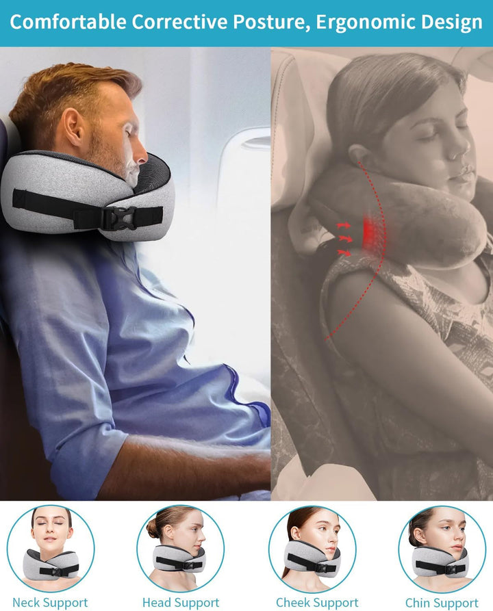 Aeroplane Neck Pillow, pernă de călătorie cu spumă de memorie, pernă pentru gât pentru adulți, pernă de avion reglabilă și lavabilă, pernă de călătorie ergonomică (gri) Perne ortopedice cervicale Naty Shop