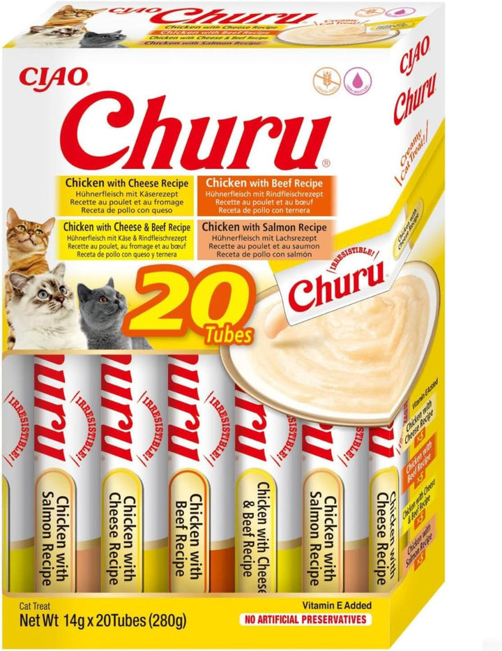INABA Churu Hairball Control anti Hairball Tratamente premium pentru pisici cu taurină și fibre, pui și ton 20 X 14 G | Fără cereale, fără zahăr, fără subproduse, anti hairball cat