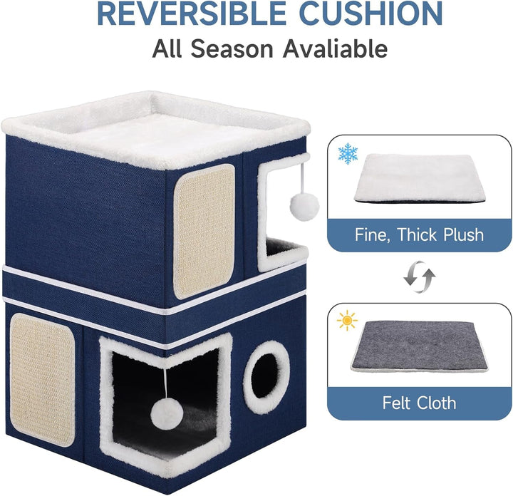 Căsuță pentru pisici Shikha cu 3 straturi, peșteră pliabilă pentru pisici mari, 40L*40l*63H cm, cub pentru pisici de interior, divizibilă în 2 peșteri mari pentru pisici cu ascunzătoare pentru pisici, pat pentru pisici cu zgârietură și minge de joacă