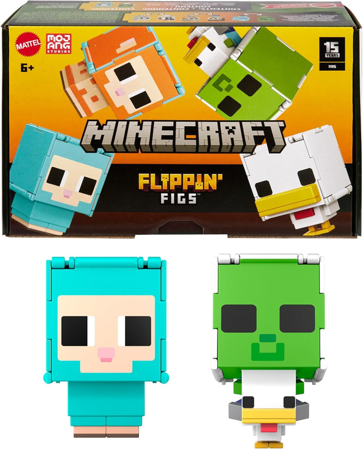 Mattel Minecraft Flippin' Figs Oaie și pui 2-Pack cu figuri de joacă 2-in-1, capete mari și design Pixel HXK17 Action figures Naty Shop Oaie și pui
