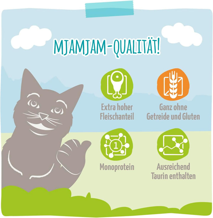 Mjamjam - Hrană umedă premium pentru pisici - Quetschie - Capră tandră cu morcovi delicioși, 1 pachet (1 X 300 G), fără cereale cu extra carne