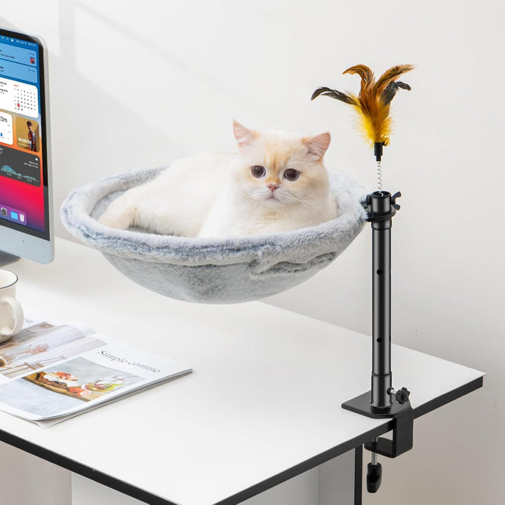Pat pentru pisici Uross pentru birou - Rotabil la 360° și reglabil pe înălțime, Hamac moale pentru pisici cu 2 huse lavabile, Loc de dormit pentru pisici la birou - Utilizare pe tot parcursul anului (Bej)
