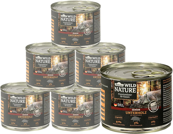 Dehner Wild Nature Cat Food Undergrowth, Hrană umedă fără cereale / fără zahăr, Pentru pisici mai în vârstă, Mistreț, cutie 6 X 200 G (1,2 kg)