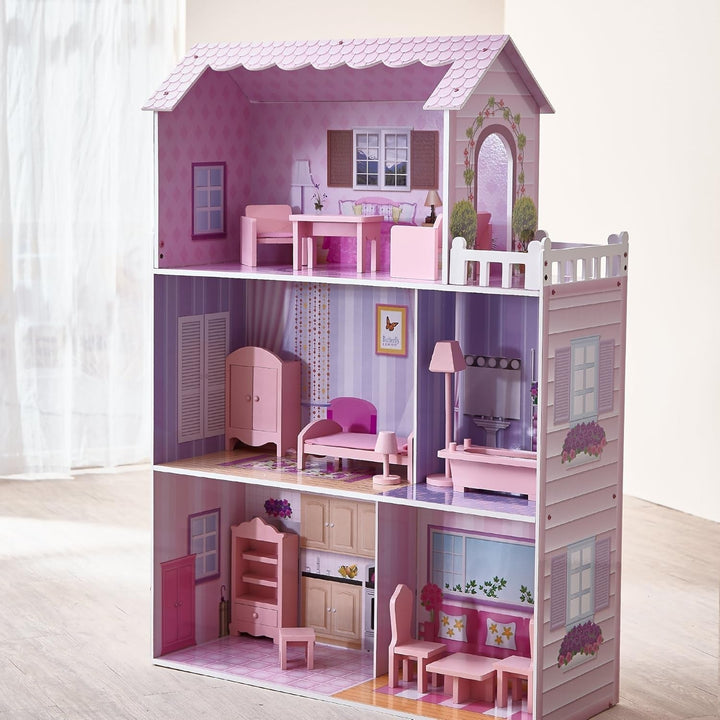 Olivia's Small World Giant Dollhouse, casă mare de păpuși din lemn cu mobilier și accesorii, casă de păpuși cu 3 etaje pentru copii, casă de păpuși pentru păpuși de 12", 3 ani + Casute de papusi Naty Shop
