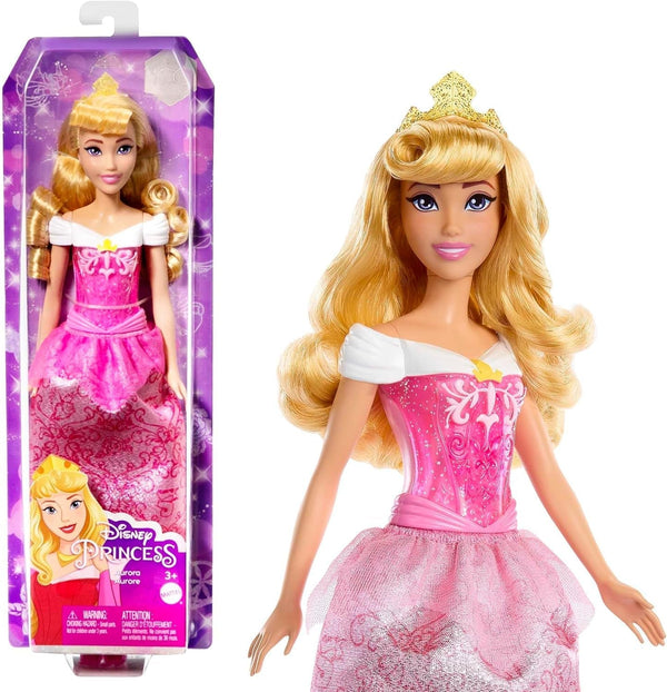Mattel DISNEY Prințesa Aurora - păpușă cu ținută tipică, pantofi detașabili și diademă, top strălucitor și fustă detașabilă cu model, păr lung de coafat, HLW09 Papusi Naty Shop Multicolor
