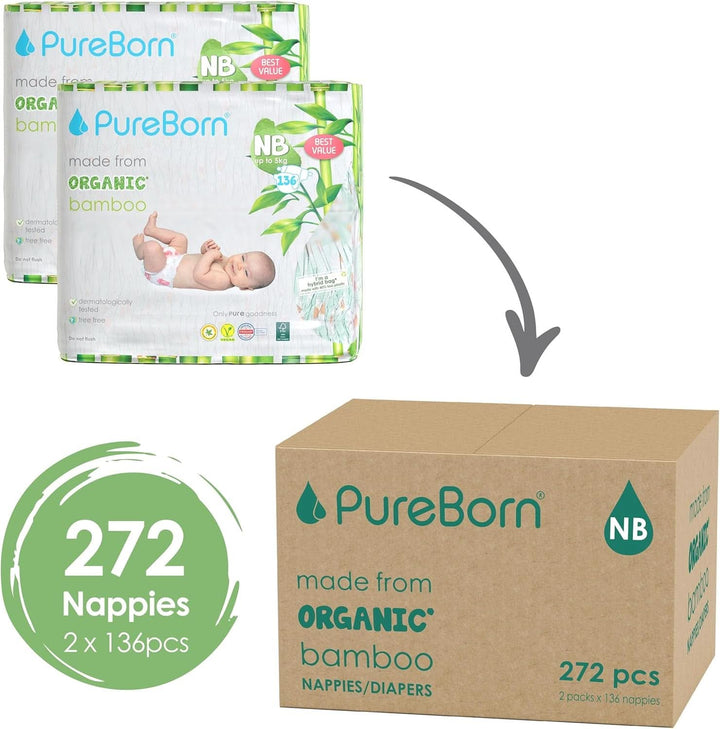 Scutece din bambus organic Pureborn Eco, dimensiune pentru nou-născuți (până la 5 kg), ecologice, hipoalergenice, ultra-moale, cu indicator de umiditate, diverse imprimeuri Mama si Copilul Naty Shop