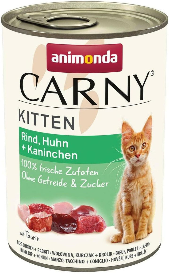 Animonda Carny Kitten Beef, Veal + Chicken (12 X 85 G), hrană umedă pentru pisoi în creștere, hrană pentru pisici fără cereale și zahăr, hrană umedă pentru pisici cu 100% ingrediente proaspete