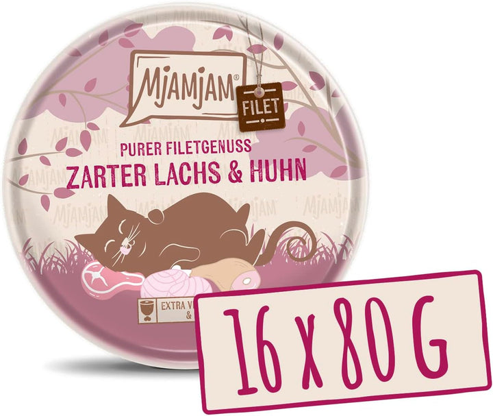 Mjamjam - Hrană umedă premium pentru pisici - Tender Fillet Of Salmon 80G, 16 pachete (16 X 80 G), naturală cu multă carne