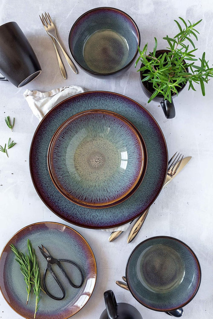 MÄSER 934100 Serie Teona, Keramik Geschirr Set Für 4 Personen Mit Grün-Brauner Reaktivglasur, 20-Teiliges Kombiservice in Modern Dezenten Coupe-Formen, Steinzeug Seturi vesela masa Naty Shop