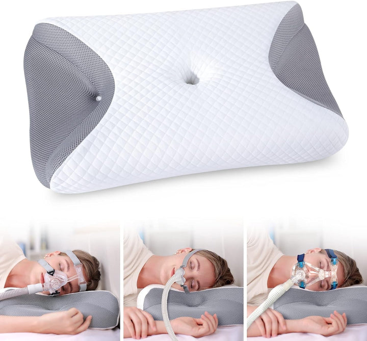 CPAP Memory Foam Cushion pentru toate măștile Cpap, pernă ergonomică pentru dormitorii laterali cu caneluri pentru măști Cpap și zonă de sprijin, reduce scurgerile de aer și presiunea măștii Perne ortopedice cervicale Naty Shop Gri 65X41X9/11Cm