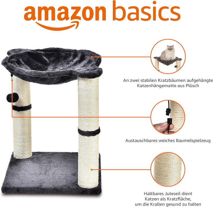 Amazon Basics - Arborele pentru pisici cu căsuță, hamac, pat și stâlp de zgâriat, 41 x 51 x 41 cm, gri