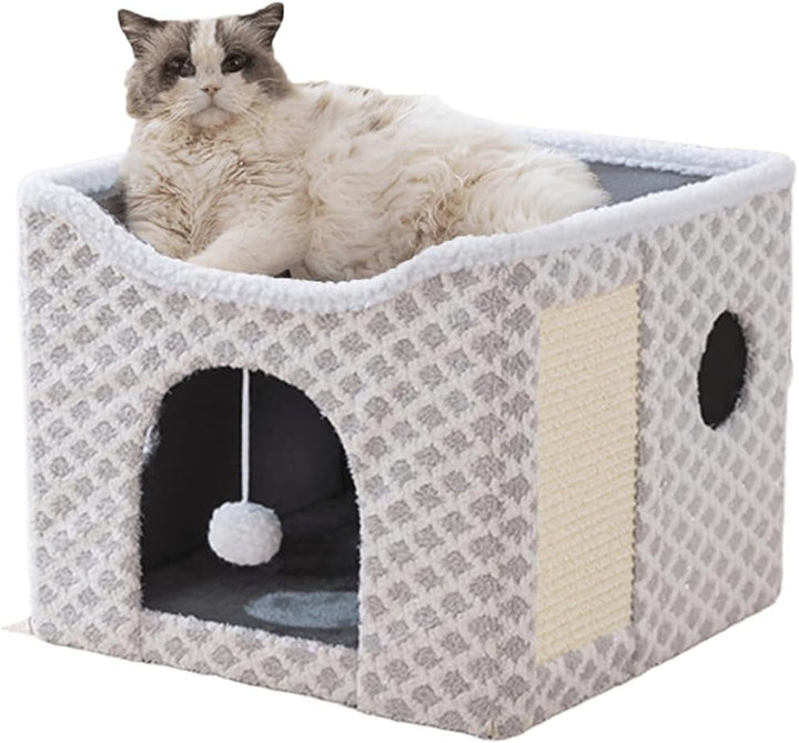Peșteră pentru pisici, paturi pentru pisici, căsuță pentru pisici, peșteră pliabilă pentru pat de pisică cu scărpinat și minge de joacă, peșteră pliabilă pentru pat de pisică pentru dormit, ascundere, joacă și zgâriat (roz, mediu)