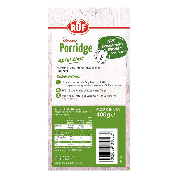 RUF Porridge Apple Cinnamon, cu fulgi de ovăz integral, aromă fină de scorțișoară și bucăți de mere uscate, 400 grame Cereale Naty Shop