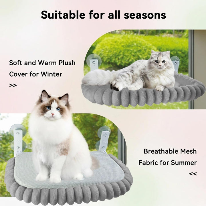 Șezlong pentru pisici Carecooo, hamac pentru pisici cu husă lavabilă, pervaz pufos cu ventuze, șezlong stabil pentru pisici de până la 18 kg, M (52 x 30 cm), gri