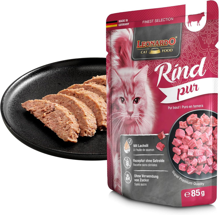 Leonardo Fresh Pouch [16X85G Pure Beef] | Hrană umedă fără cereale pentru pisici | Hrană umedă completă în pungă cu o singură porție