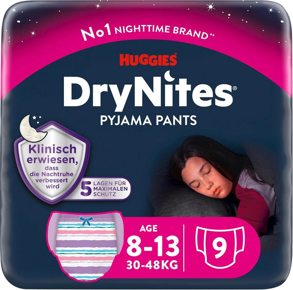 Scutece de noapte Huggies Drynites, Pentru fete 8-13 ani (30-48 kg), Foarte absorbante , 9 buc Mama si Copilul Naty Shop