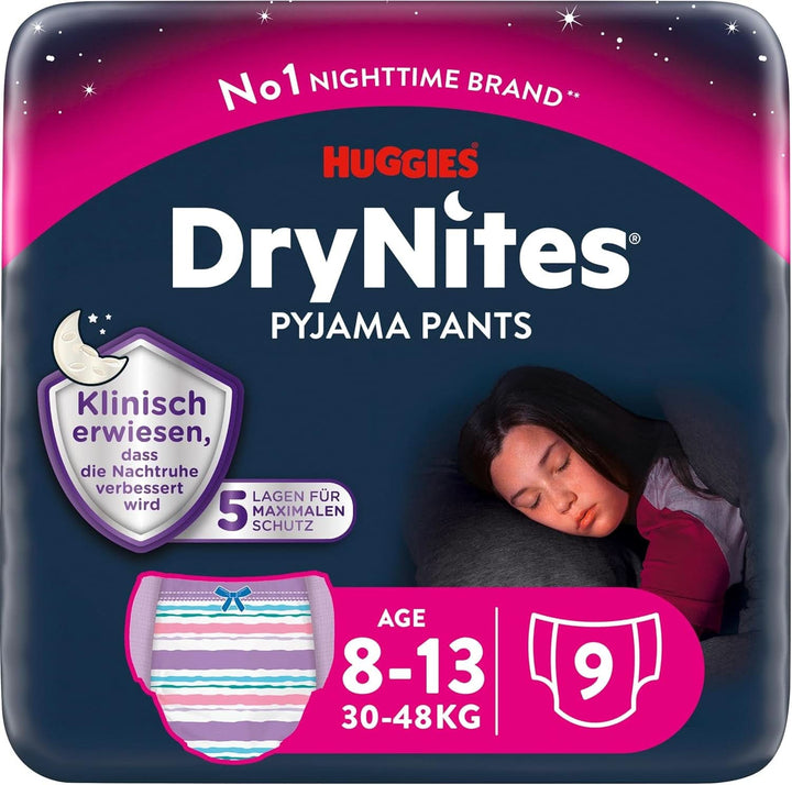 Scutece de noapte Huggies Drynites, Pentru fete 8-13 ani (30-48 kg), Foarte absorbante , 9 buc Mama si Copilul Naty Shop