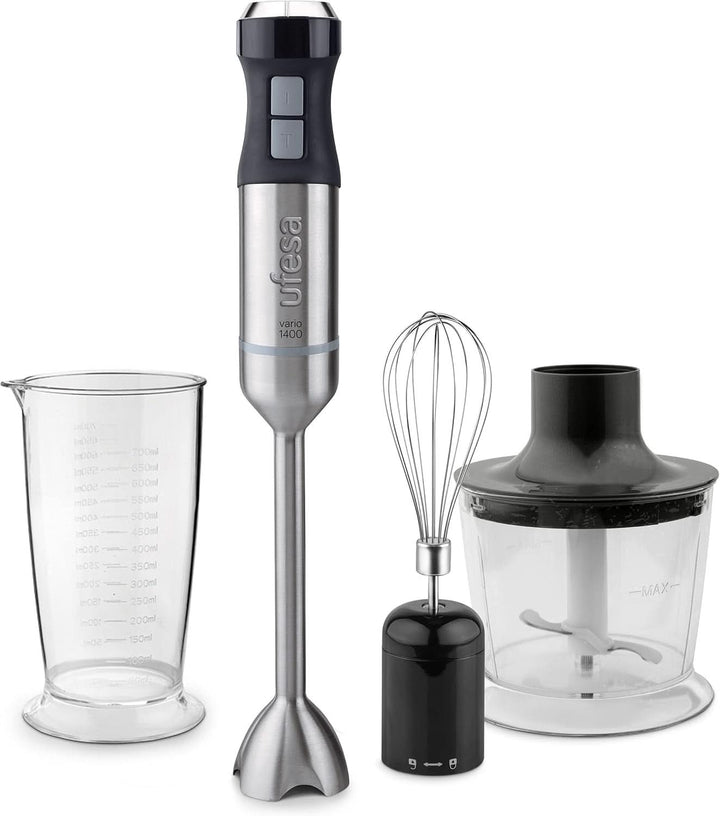 Ufesa Galaxy Max Stabmixer, Leistung 1200 W, 24 Geschwindigkeitsstufen + TURBO, 4 Hocheffiziente Klingen, Ergonomisches Und Spritzwassergeschütztes Design, Zubehör Inklusive, Bpa-Frei Roboti si Mixere Bucatarie Naty Shop 1400W