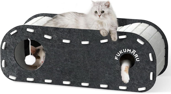 Pat pentru pisici FUKUMARU, Peșteră robustă din fetru de înaltă calitate, Casă pentru pisici de interior, Pat pentru pisici cu 2 straturi, Peșteră pentru pisici pentru dormit, joacă și ascundere, Peșteră din fetru bej