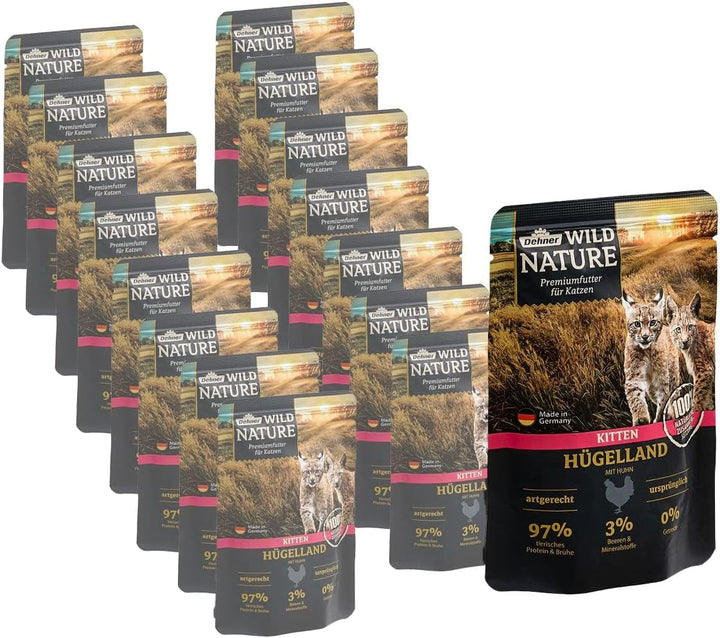 Hrană pentru pisici Dehner Wild Nature Kitten Hügelland, hrană umedă fără cereale / fără zahăr, pentru pisici tinere, pui, sac de 16 X 85 G (1,36 kg)