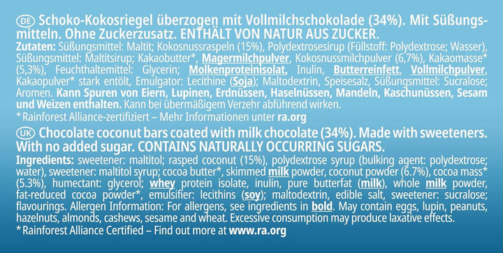 Frankonia, ciocolata fara zahar adaugat, batoane ciocolată - nucă de cocos, 100 g (3x33 g) Naty Shop