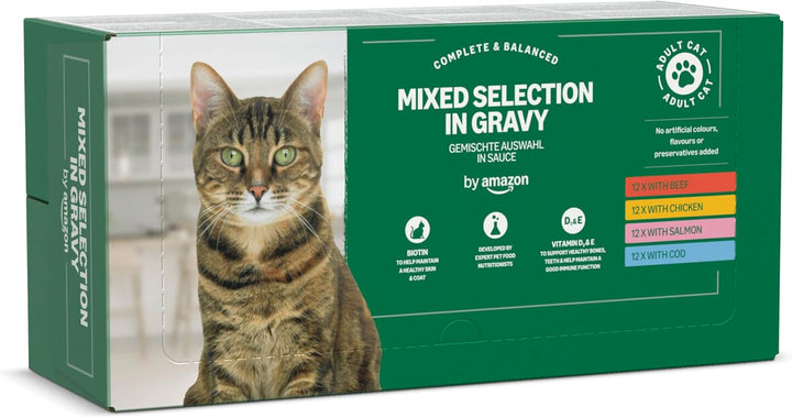 By Amazon Hrană pentru pisici, umedă, pentru pisici adulte, Mixed Choice in Sauce, 4.8Kg (48 pachete de 100G)