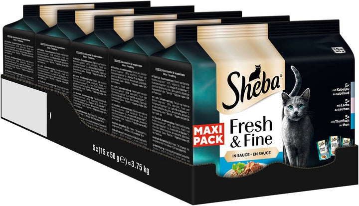 Sheba Fresh & Fine Multipack pungă porție 3 varietăți cod, somon, ton în sos MSC 5X15X50G