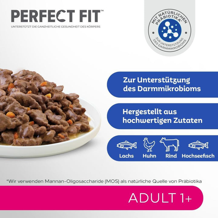 Perfect Fit Adult 1+ Wet Cat Food Selection With Salmon, Ocean Fish, Beef And Chicken, 48 plicuri, 12X85G (pachet de 4) - Hrană umedă premium pentru pisici, pentru pisici adulte de peste 1 an