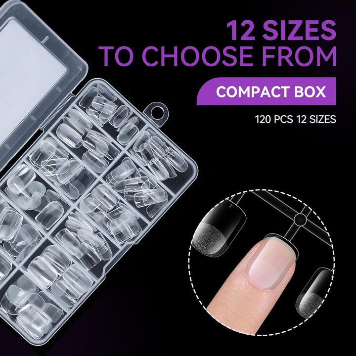 Gelike EC Tipuri de Unghii Pătrate Extra Scurte - Acoperire Completă, Tipuri de Unghii Scurte XS, Tipuri de Unghii Moi cu Gel, Tipuri de Unghii Artificiale din Rășină PMMA Pre-Lustruite pentru Femei, Salon, 120 Bucăți, 12 Mărimi