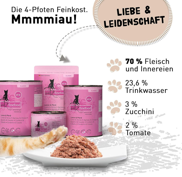 Catz Finefood N° 19 Lamb & Horse Delicatessen Hrană umedă pentru pisici, rafinată cu dovlecel și roșii, 16 X 85G pungă