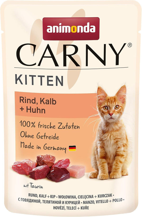 Animonda Carny Kitten Beef, Veal + Chicken (12 X 85 G), hrană umedă pentru pisoi în creștere, hrană pentru pisici fără cereale și zahăr, hrană umedă pentru pisici cu 100% ingrediente proaspete