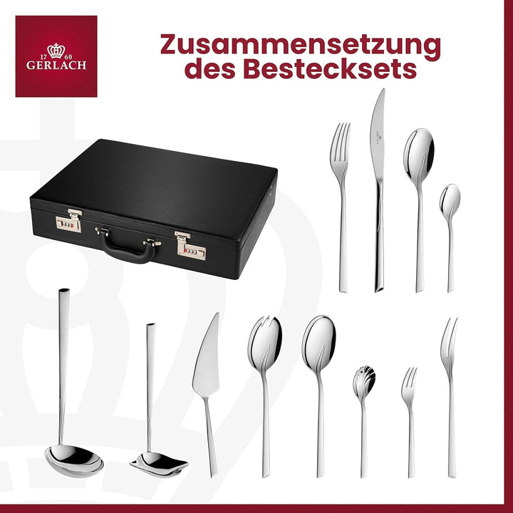 Gerlach Flames Besteck-Set 12 Personen Spülmaschinenfest Essbesteck Edelstahl Elegantes Tafelbesteck Messer Gabel Löffel Teelöffel Kuchengabel Soßenlöffel Kuchenspachtel Glänzend Rostfrei 68 Stk Bucatarie Naty Shop