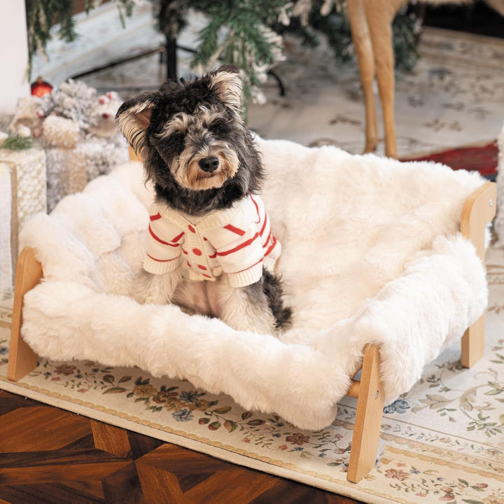 Pat ridicat pentru pisici, din lemn de fag, canapea mare pentru pisici de 70 x 47 cm, scaun pentru pisici cu pătură de pluș detașabilă și lavabilă (umplutură din bumbac), capacitate de încărcare 15 kg, pentru dormitul tuturor pisicilor