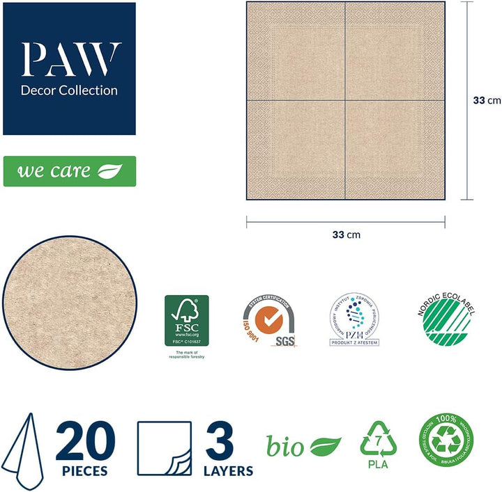 Collection de décoration de pattes X PAW DÉCORD COM LINES DE PAPIER CM avec 3 couches. 20 pièces. Imprimé avec des couleurs à base d'eau. Décorations de table. Nature, HIRSC, PAW_022022, cerf, 33 x 33 cm (package avec 3)