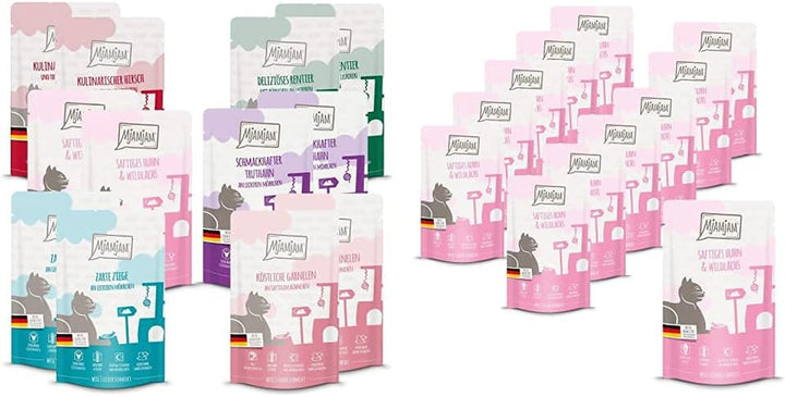 Mjamjam Mixpack V-12 X 125G, 1Pack (1 X 1,5 Kilograme) & Hrană umedă premium pentru pisici - pui suculent și somon sălbatic, 12Pack (12 X 125 G)