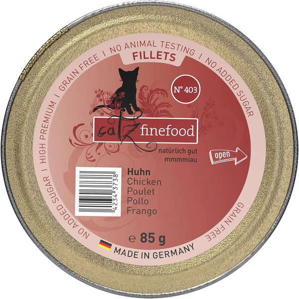 Catz Finefood Hrană umedă pentru pisici Fine Fillets nr. 403 Pui în jeleu - Hrană umedă fără cereale pentru pisica dvs. fără zahăr - Hrană umedă pentru pisici de la Feinste în jeleu, 85 G (pachet de 12)