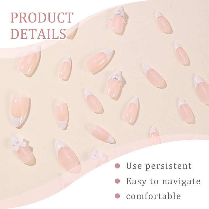 24 de bucăți de unghii franțuzești presă, albe, în formă de migdală, cu funde și perle, unghii artificiale pentru lipit, vârfuri de unghii false, unghii cu sclipici